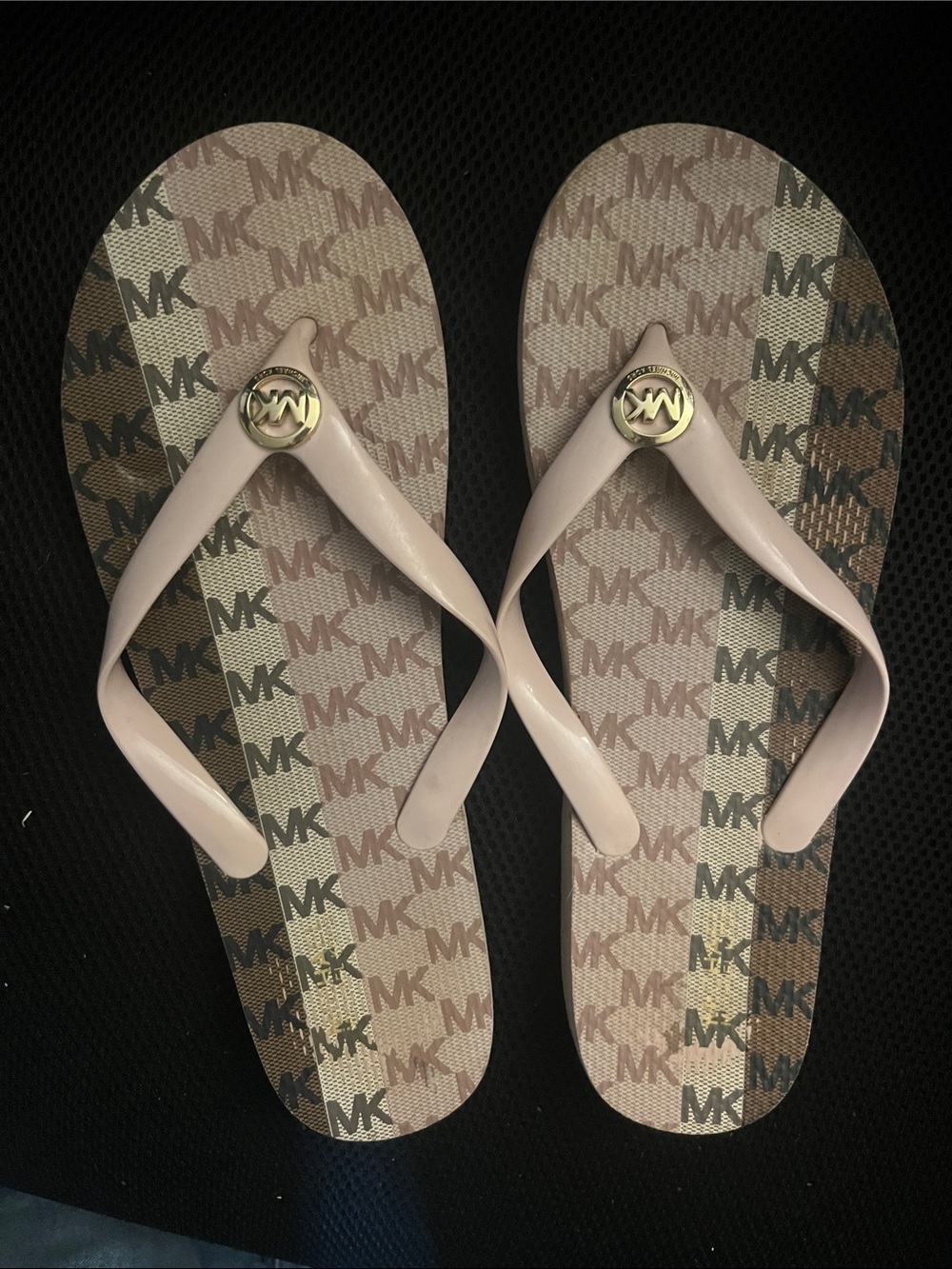 Michael Kors Pale Pink Logo-Print Flip Flops with Gold MK Emblem